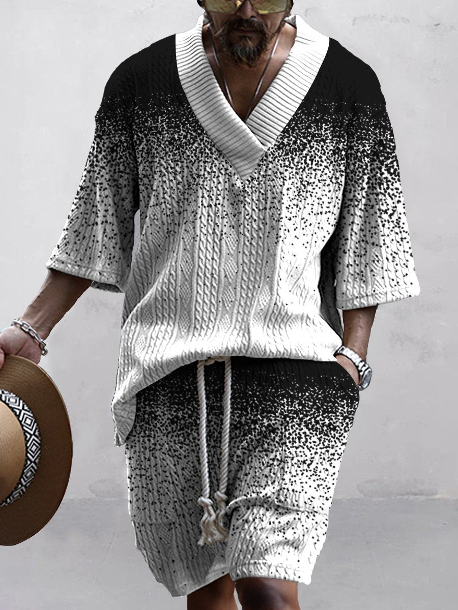 Men's Black White Scattered Gradient Art Printing Stylish Knit Shirt Set
