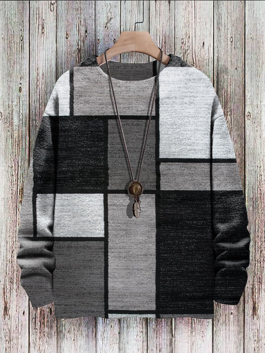 Men's Sweater White And Black Square Print Casual Knit Sweatshirt Sweater
