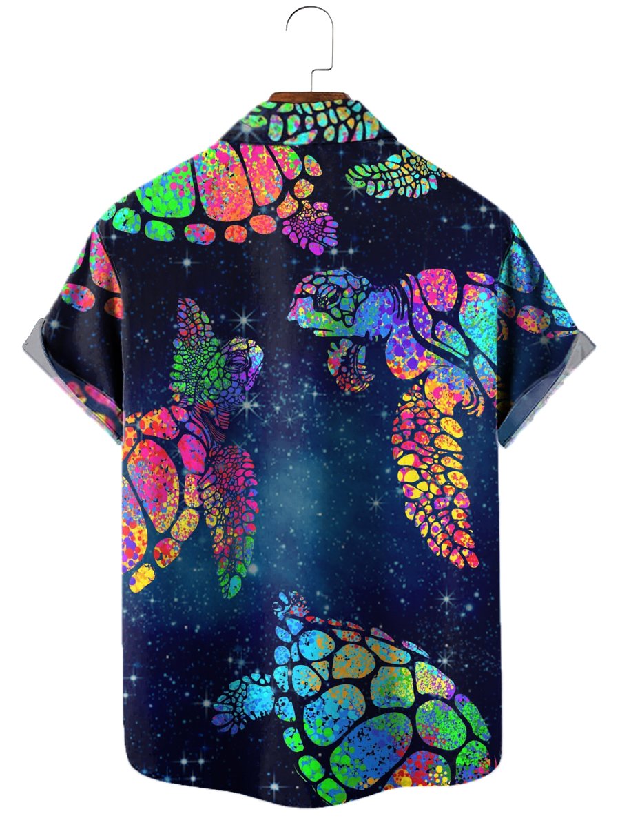 Men's Hawaiian Shirt Starry Turtles Print Chest Pocket Short Sleeve Shirt