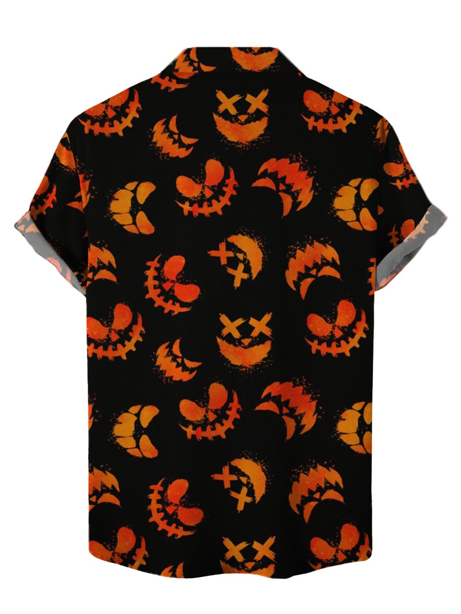 Men's Hawaiian Shirts Halloween Pumpkin Smile Print Short Sleeve Shirt