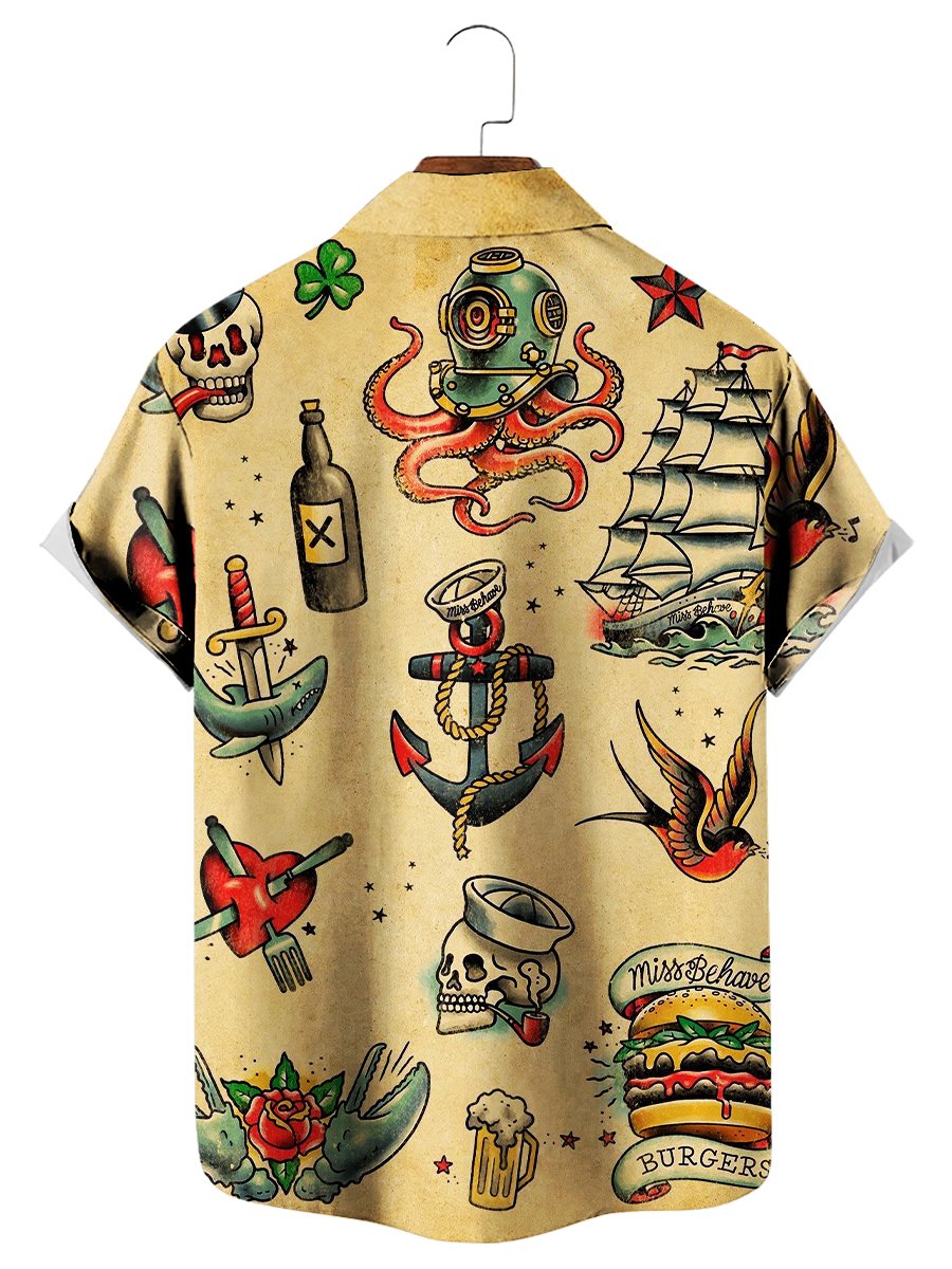 Vintage Hawaiian Shirts Nautical Octopus Boat Easy Care Aloha Shirts