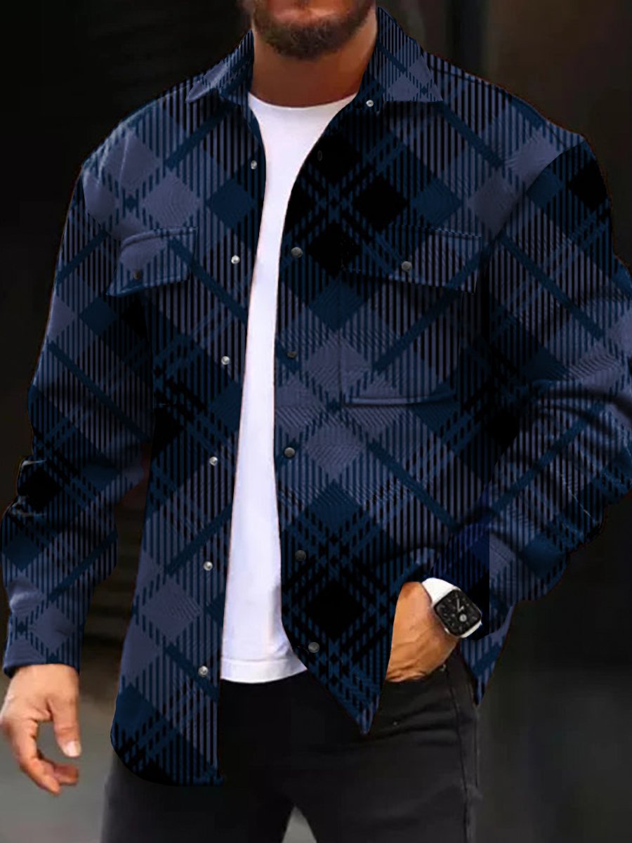 Men's Casual Jacket Fashion Check Print Long Sleeve Pocket Jacket