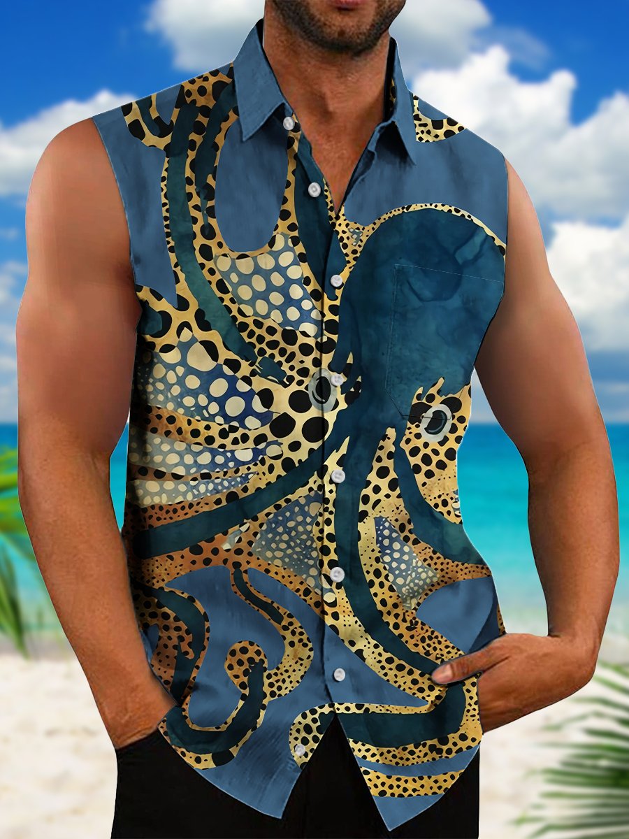 Men's Hawaiian Shirts Ink Ocean Octopus Art Easy Care Sleeveless Shirts