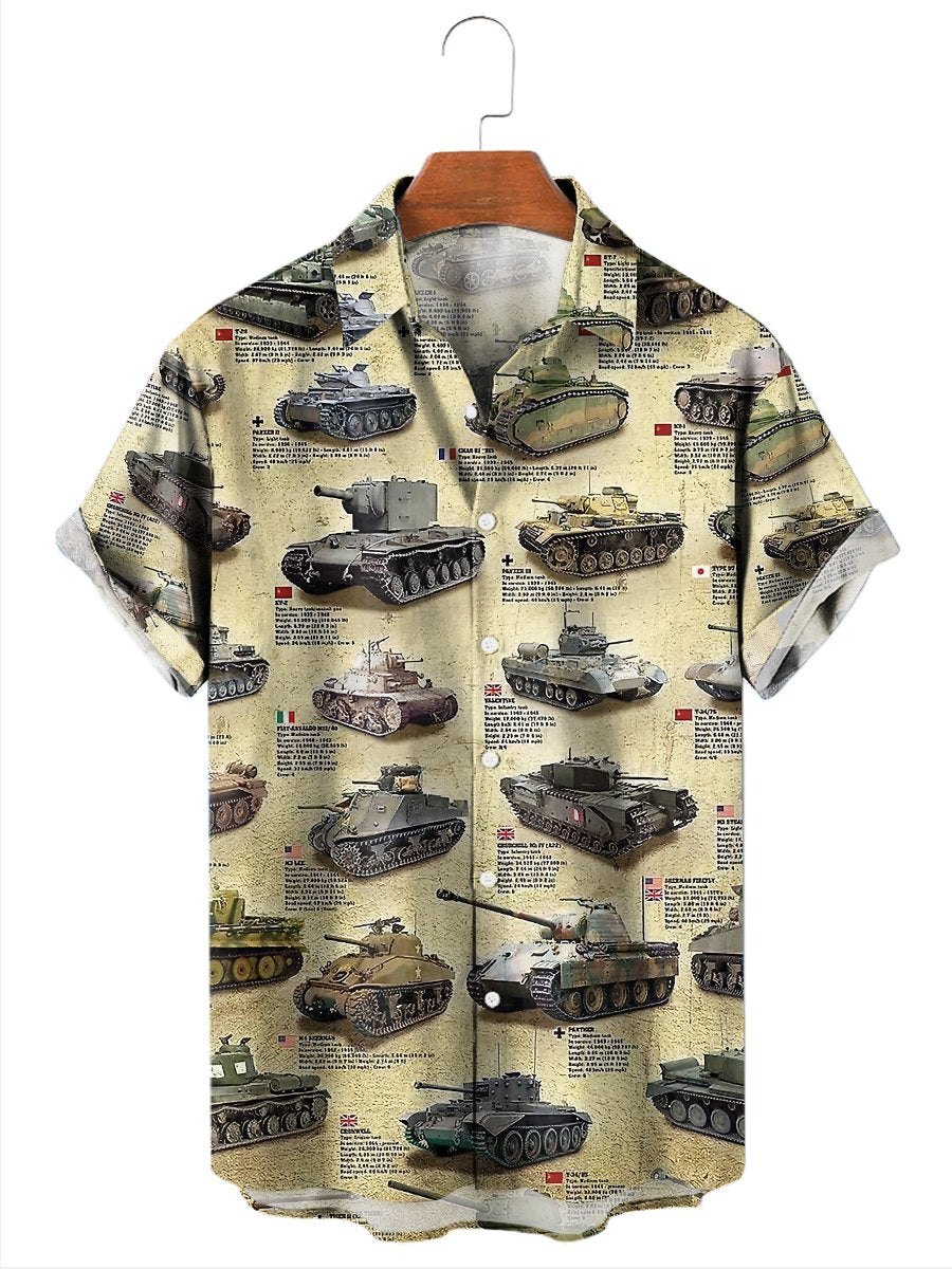 Men's Hawaiian Shirts World War II Tanks Print Aloha Shirts