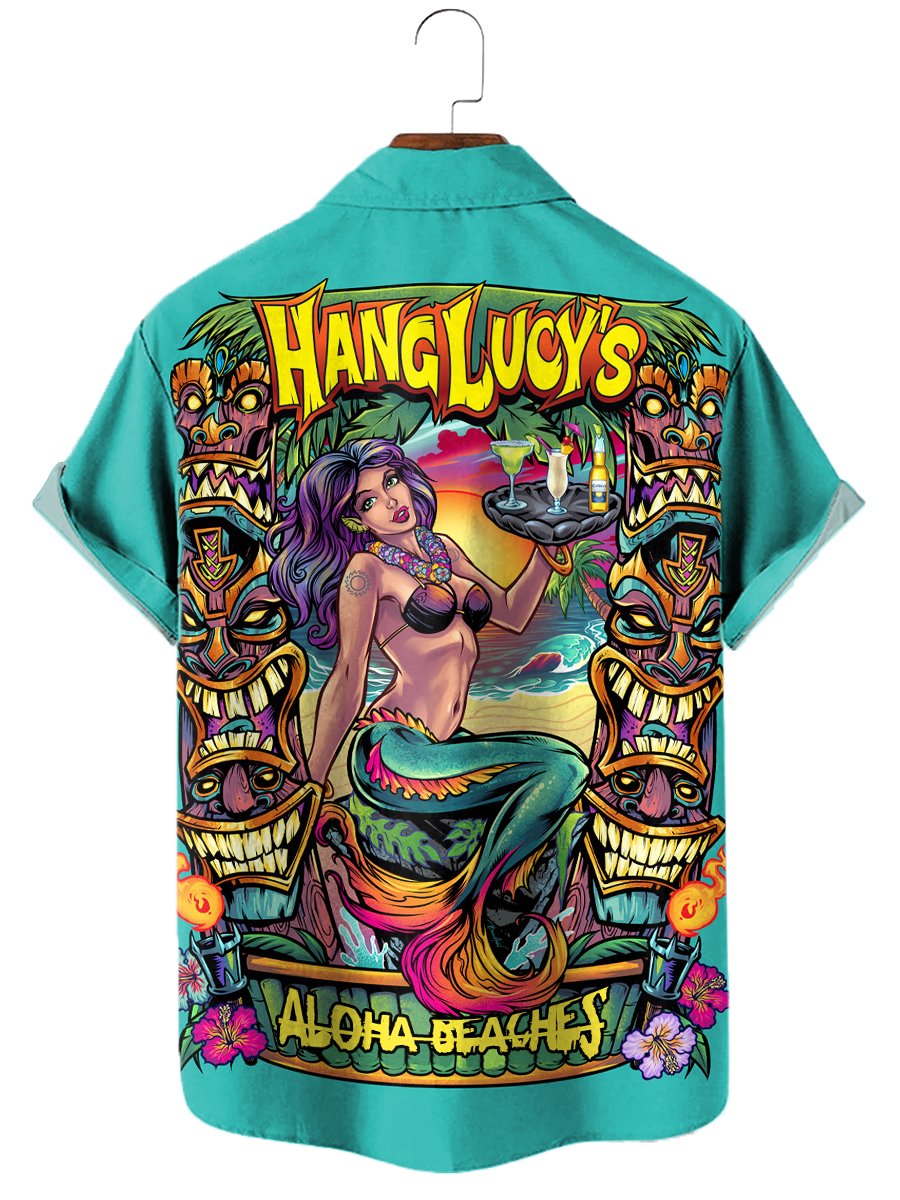 Mermaid Print Casual Loose Short-Sleeved Hawaiian Shirt
