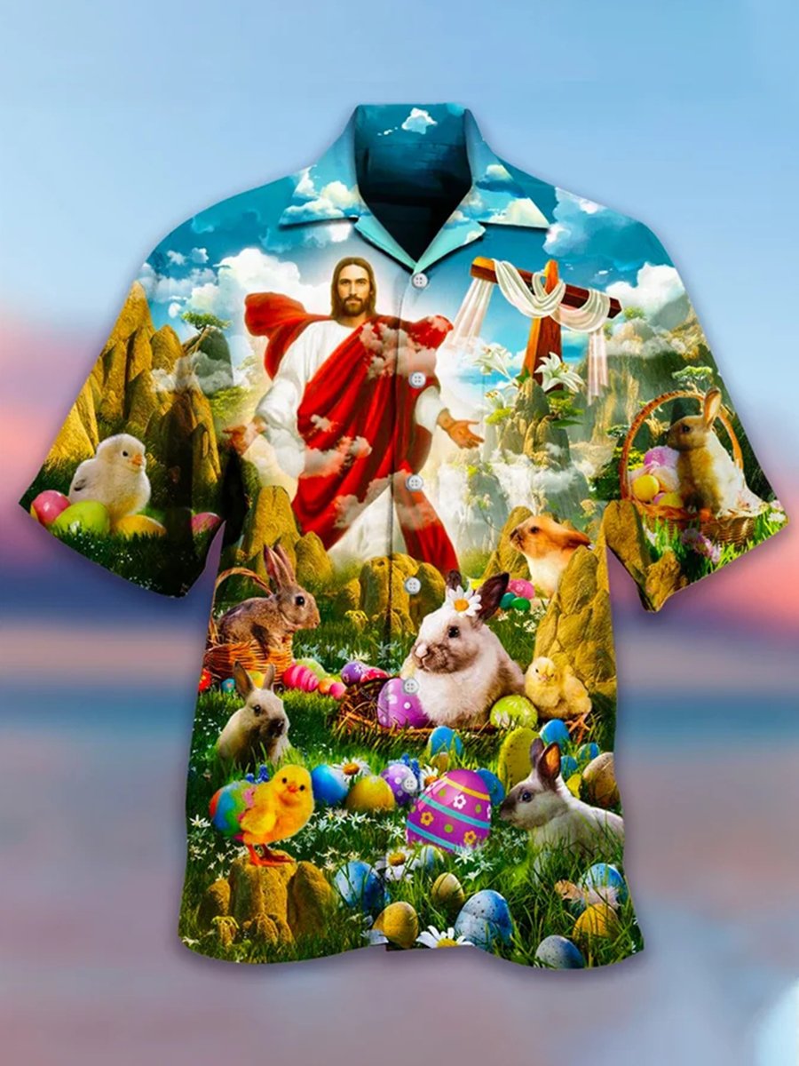 Holiday Easter Jesus Bunny Pattern Hawaiian Chest Pocket Short Sleeve Shirt