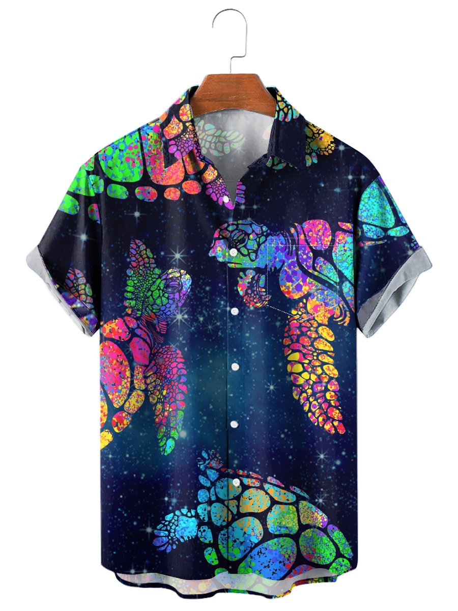 Men's Hawaiian Shirt Starry Turtles Print Chest Pocket Short Sleeve Shirt