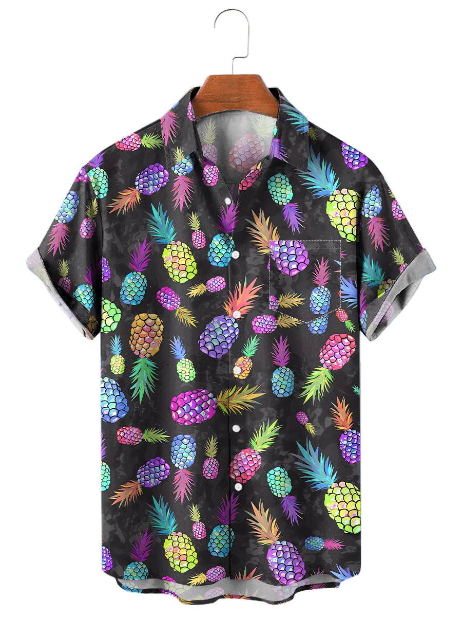 Men's Hawaiian Shirts Tropical Pineapple Print Pocket Short Sleeve Shirt