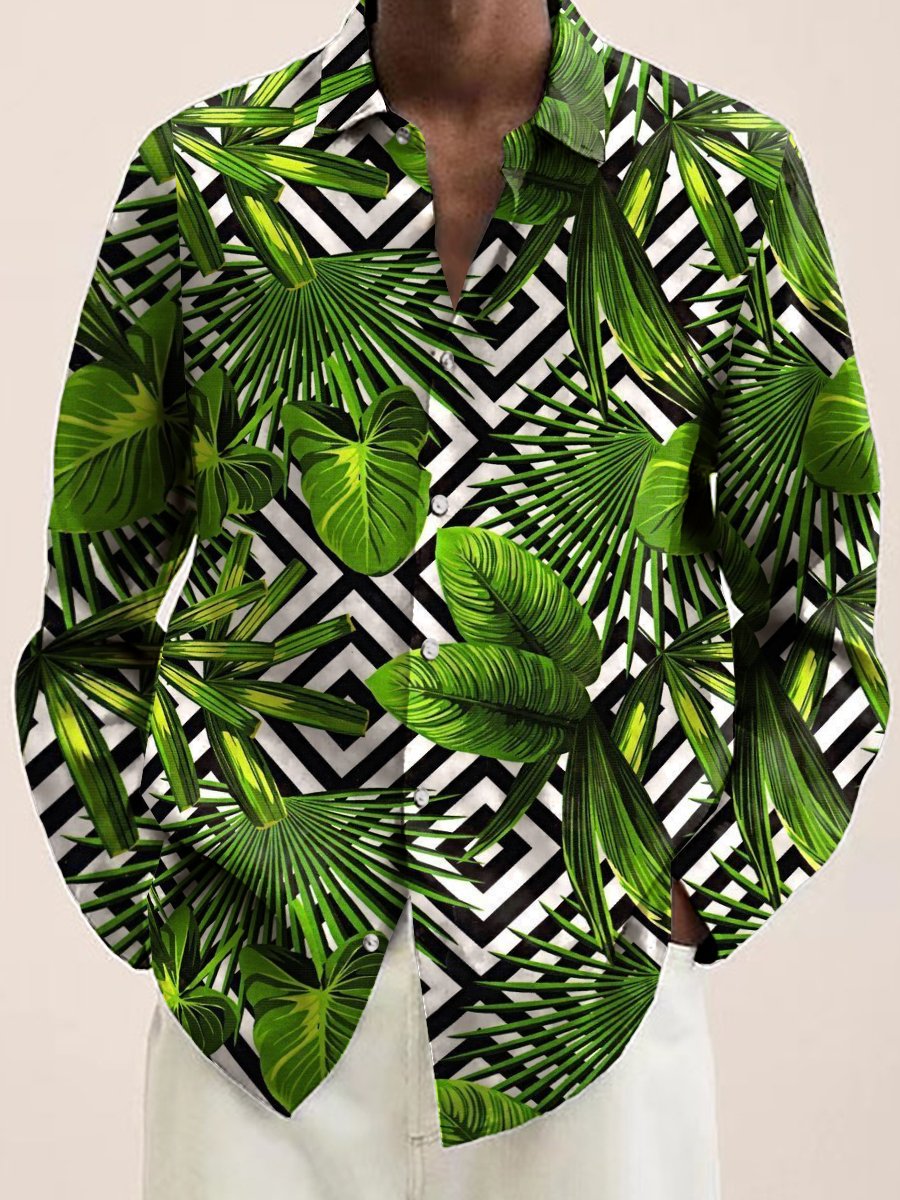 Men's Hawaiian Shirt Green Tropical Leaf Print Casual Vacation Oversized Long Sleeve Shirt