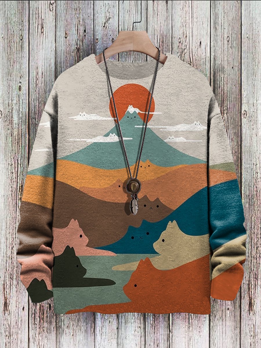 Men's Sweater Fun Cats Mountain Print Pullover Print Casual Sweater