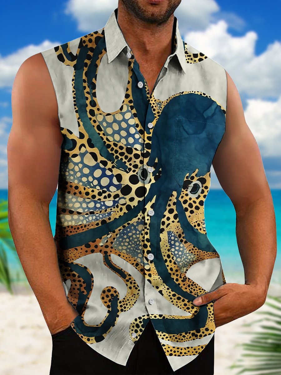 Men's Hawaiian Shirts Ink Ocean Octopus Art Easy Care Sleeveless Shirts
