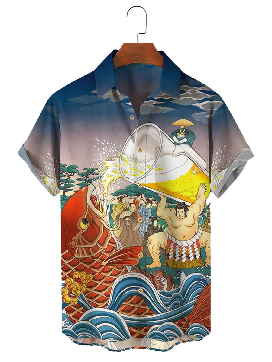 Japanese Beer Print Breast Pocket Hawaiian Shirt Plus Size Vacation Wrinkle Free Shirt