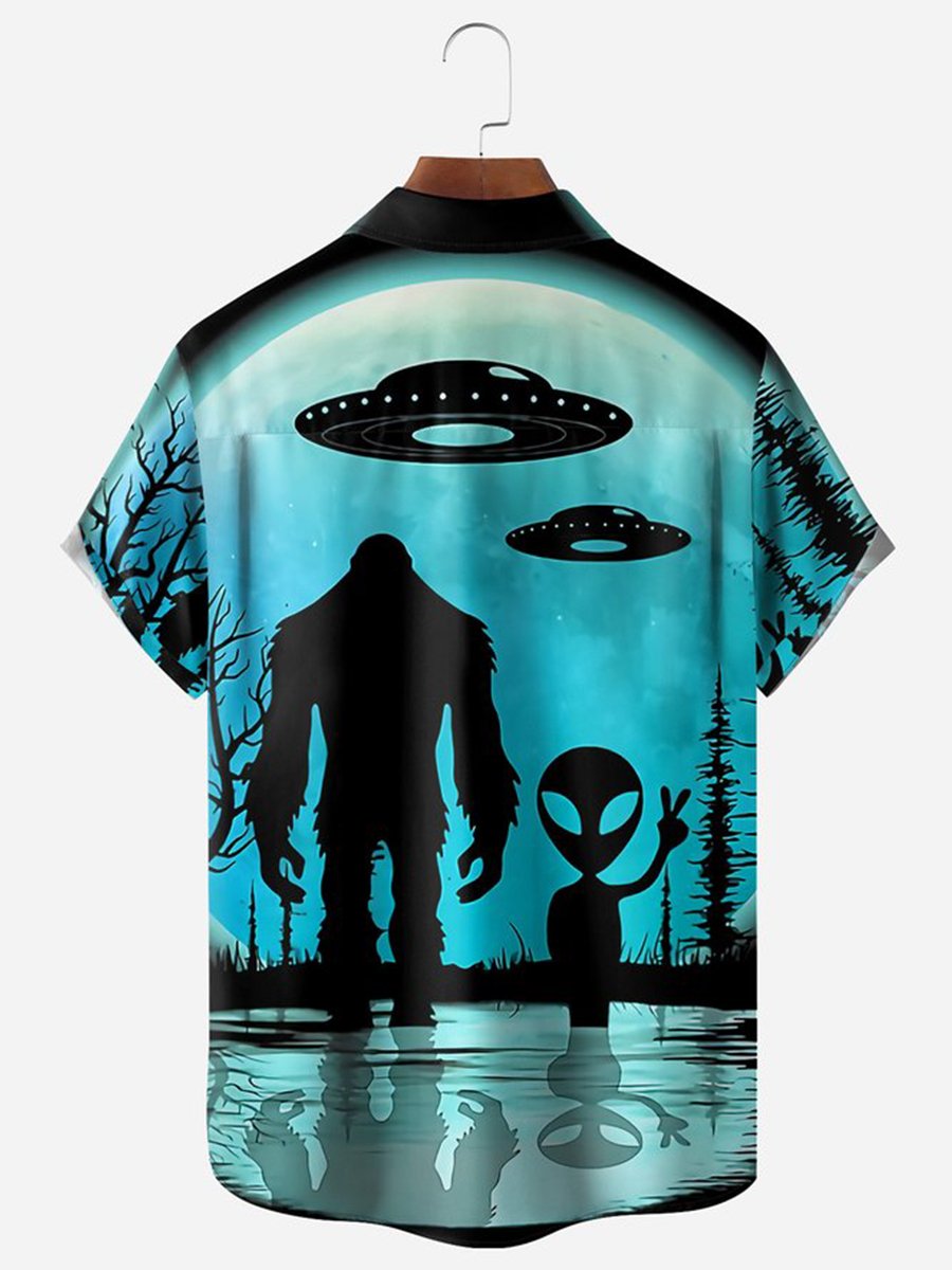 Men's Casual Shirts Bigfoot Alien Chest Pocket Short Sleeve Shirt