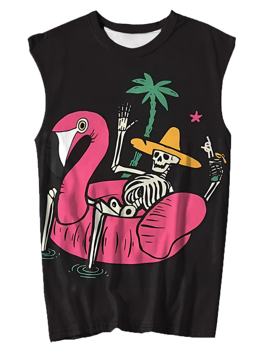 Men's T-shirt Flamingo And Skeleton Casual Comfort Print Sleeveless T-Shirt