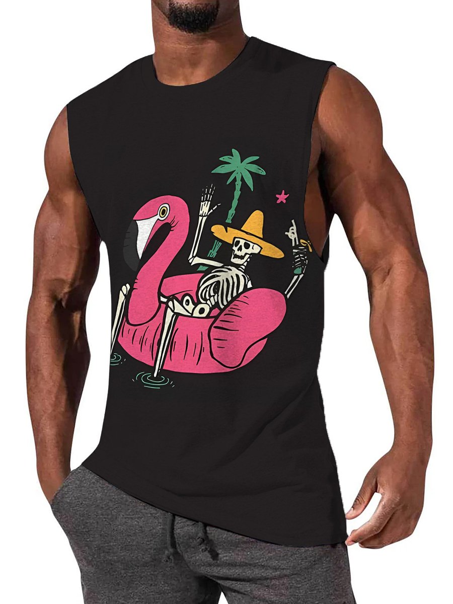 Men's T-shirt Flamingo And Skeleton Casual Comfort Print Sleeveless T-Shirt