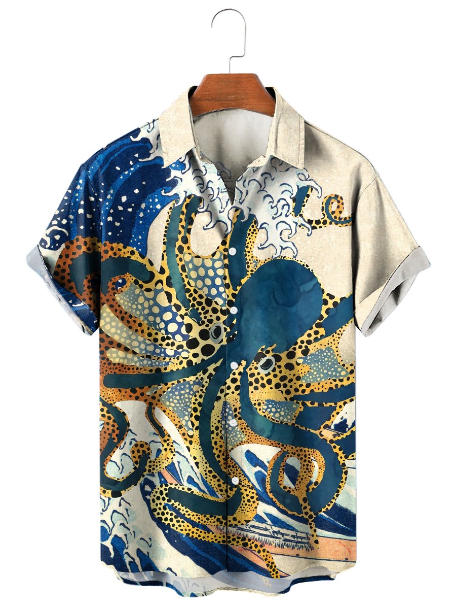 Men's Hawaiian Shirts Japanese Style Ukiyo-e Octopus Print Aloha Shirts