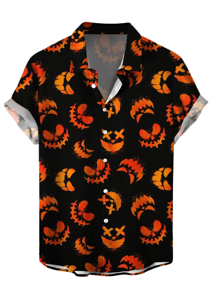 Men's Hawaiian Shirts Halloween Pumpkin Smile Print Short Sleeve Shirt