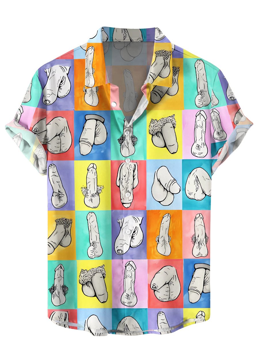 Men's Hawaiian Shirts Funny Colorblock Cocks Print Short Sleeve Shirt