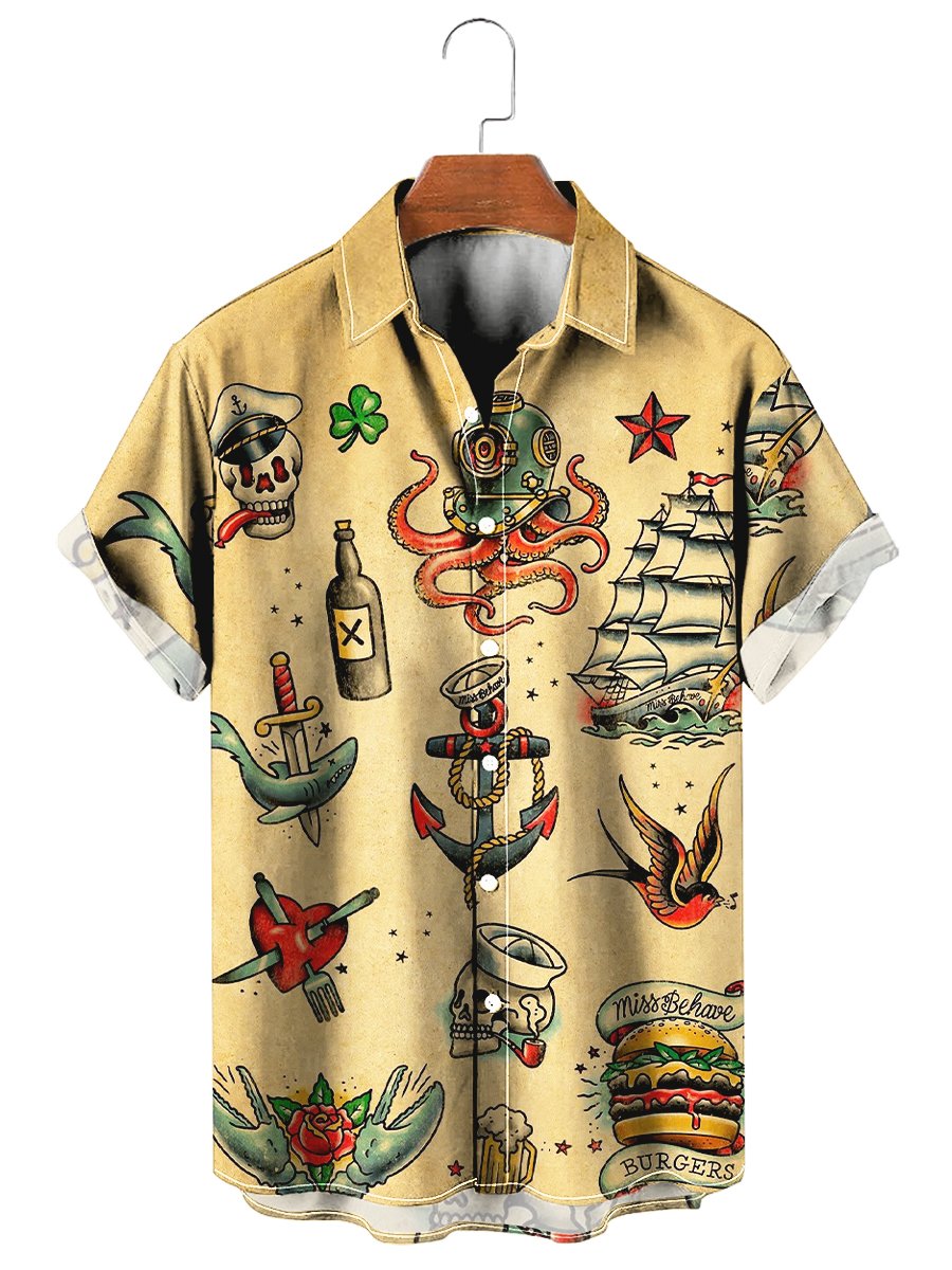 Vintage Hawaiian Shirts Nautical Octopus Boat Easy Care Aloha Shirts