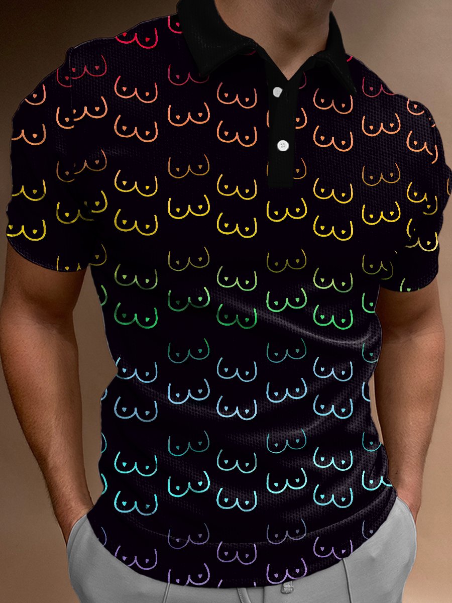Men's Polo Shirt Funny Rainbow Boobs Print Casual Short-Sleeved Shirt