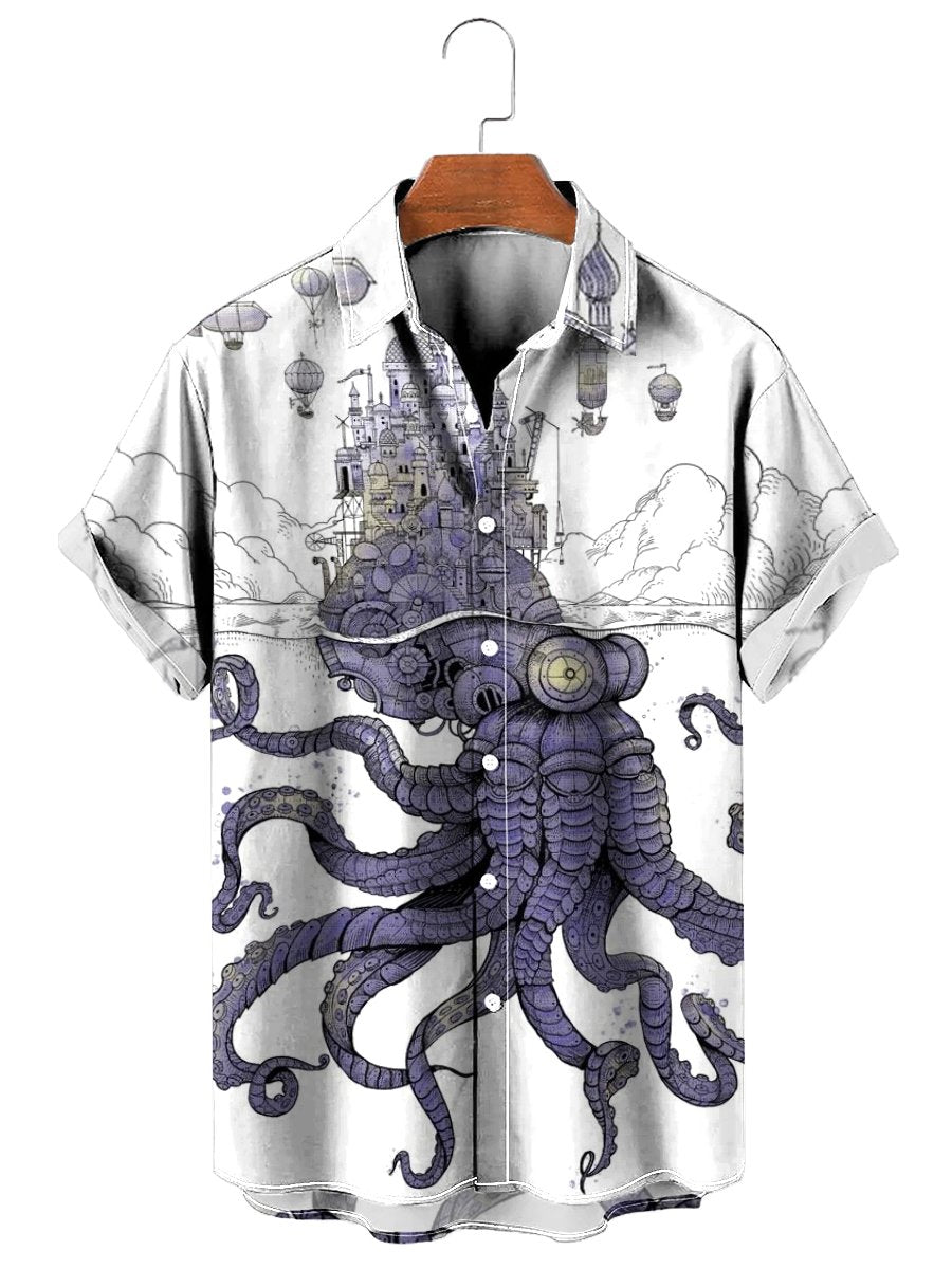 Vintage Nautical Octopus Boat Print Short Sleeve Hawaiian Shirt