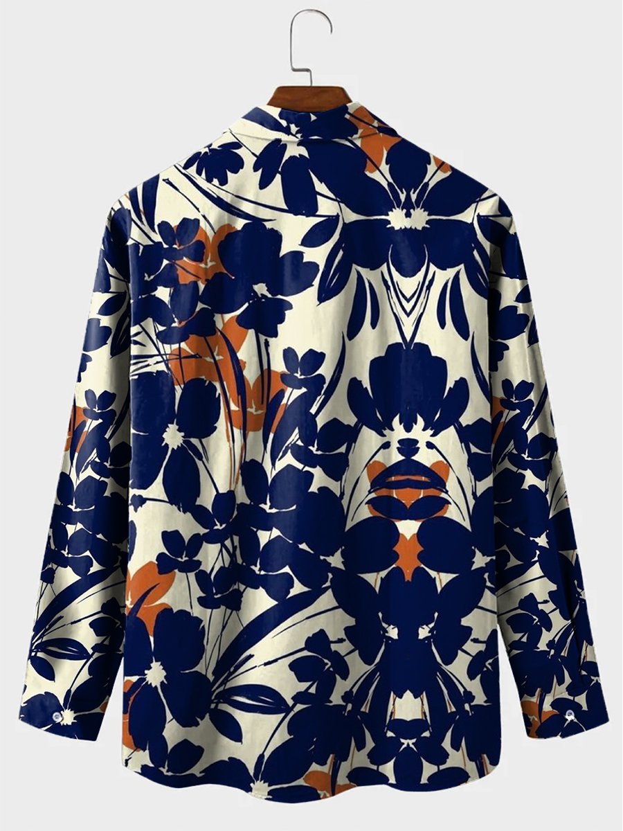 Men's Hawaiian Shirt Simple Floral Print Casual Vacation Oversized Long Sleeve Shirt