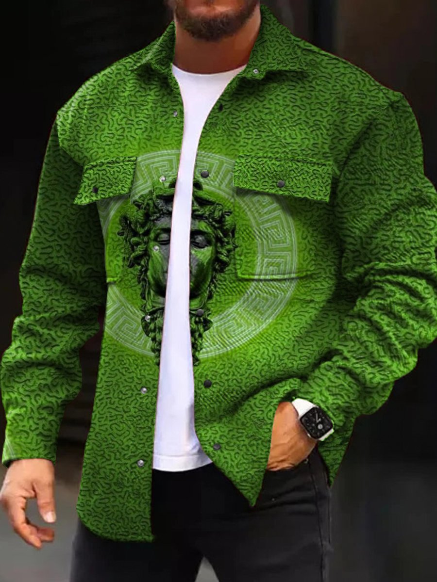Men's Casual Jacket Fashion Gradient Green Art Sculpture Pattern Printed Long Sleeve Pocket Jacket