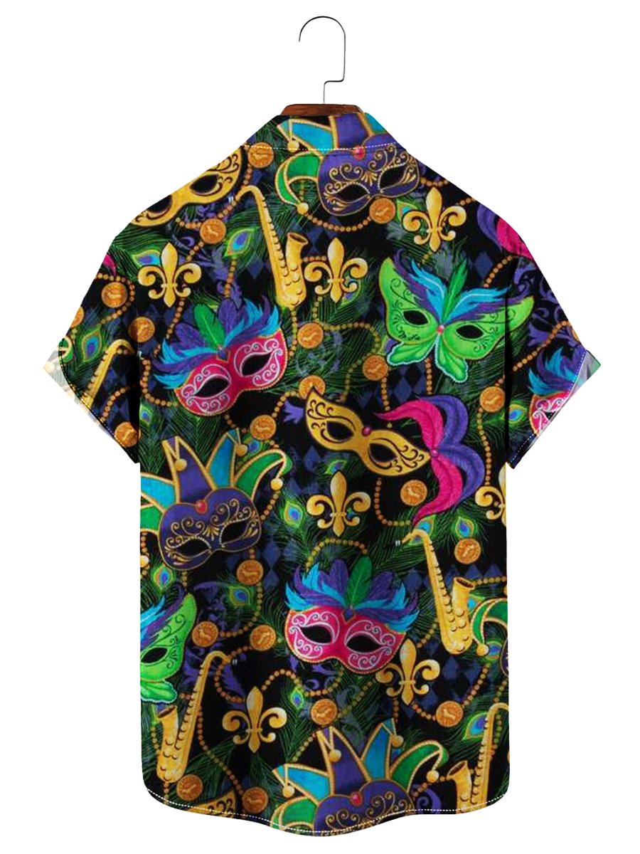 Mardi Gras Masks Print Short Sleeve Summer Hawaiian Shirt