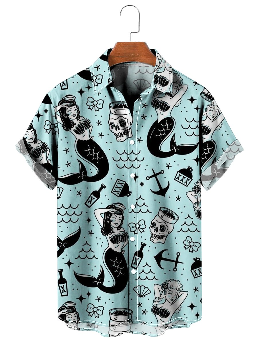 Skull And Mermaid Print Hawaiian Shirt