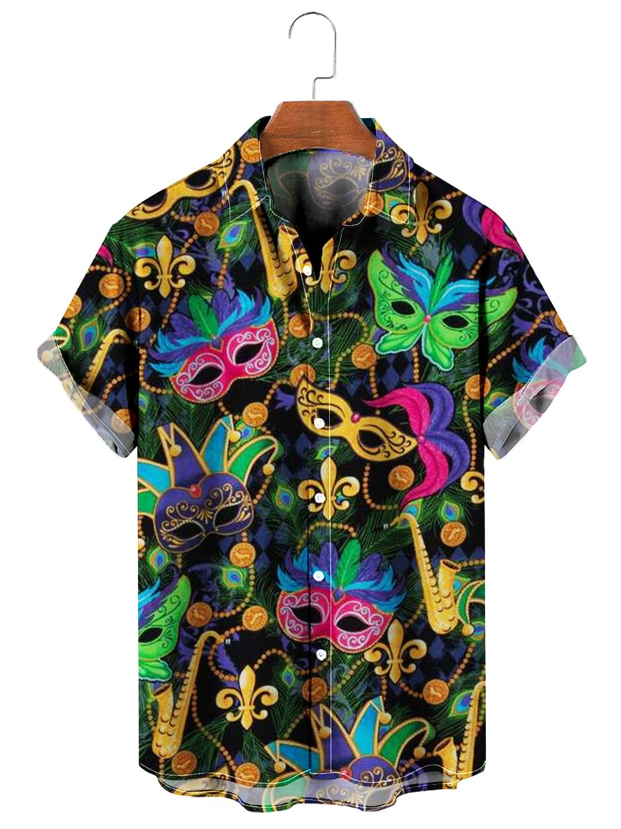 Mardi Gras Masks Print Short Sleeve Summer Hawaiian Shirt
