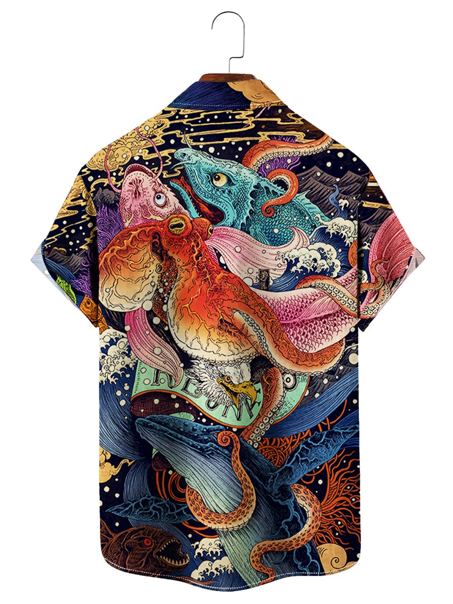 Ukiyo-E Octopus Sea Life Print Hawaiian Shirt