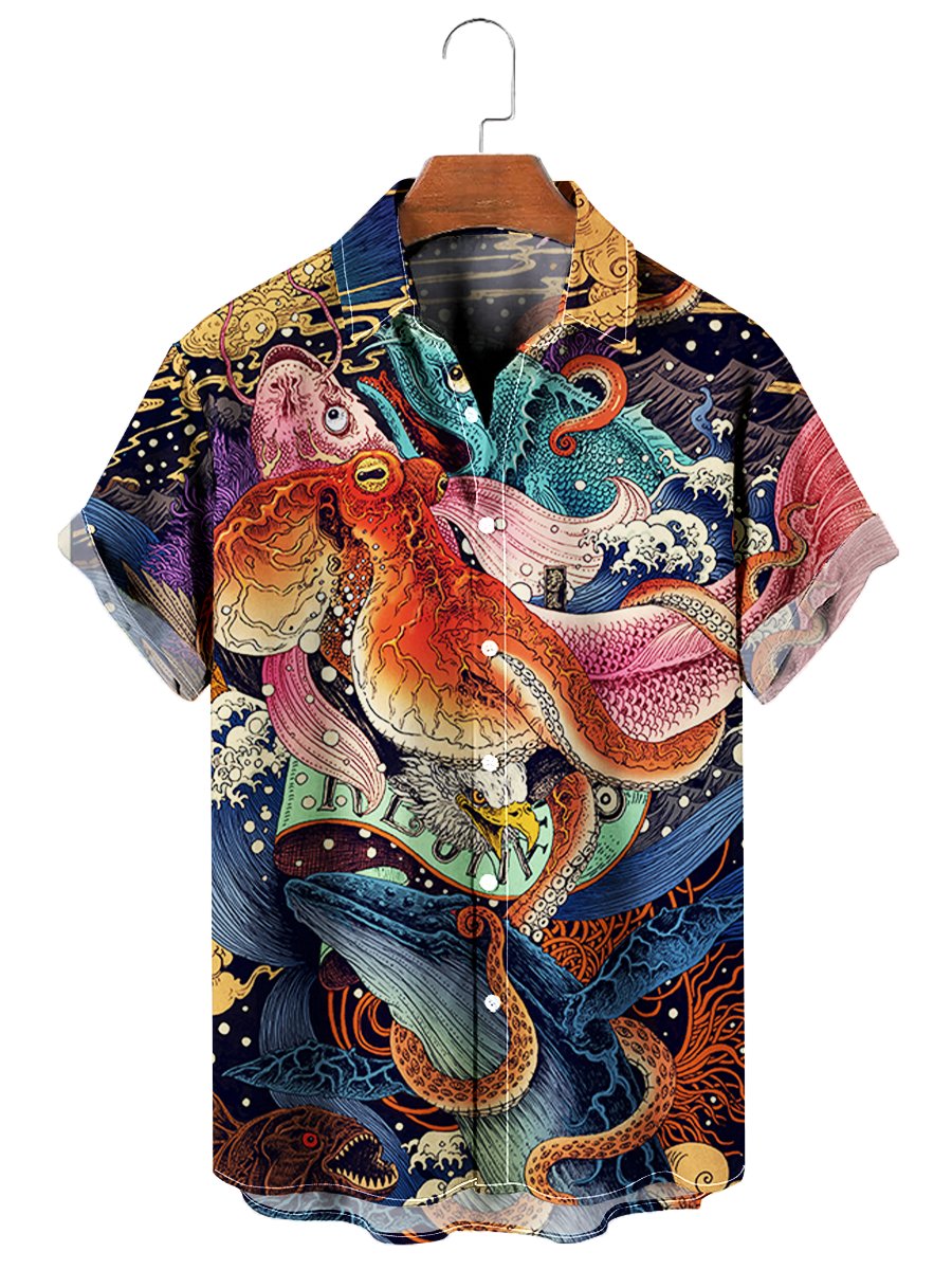 Ukiyo-E Octopus Sea Life Print Hawaiian Shirt