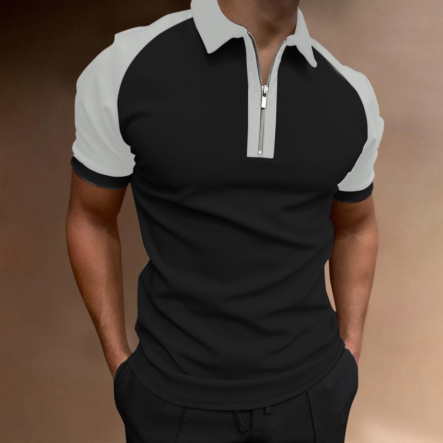 cross-border european and american spring and summer amazon color matching new polo shirt zipper men's raglan sleeve t-shirt top