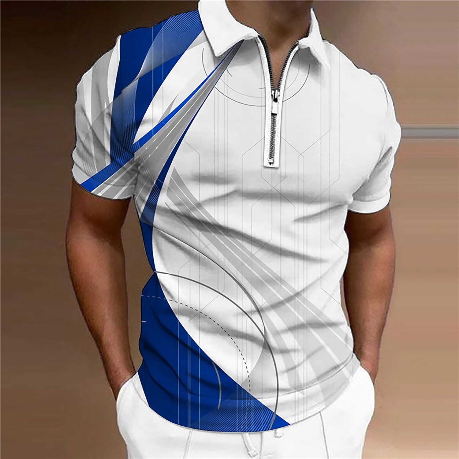 Men's Golf Shirt 3D Print Linear Turndown Casual Daily Zipper Print Short Sleeve Tops Designer Casual Fashion Breathable Blue Gray Red / Sports