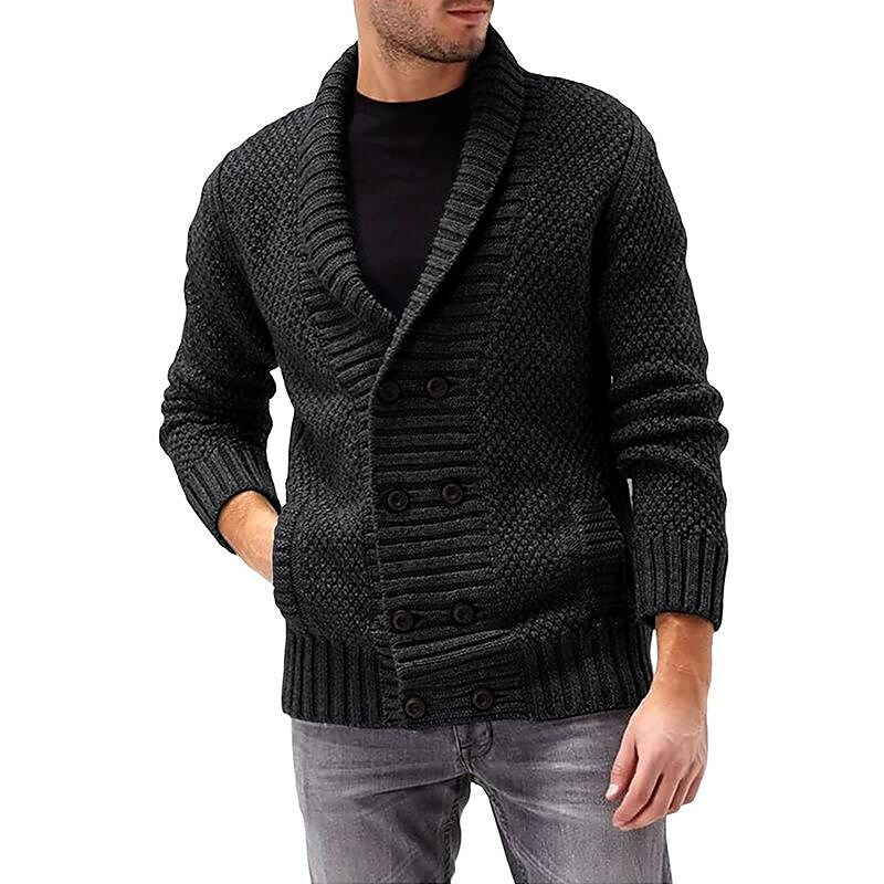 Men's solid color lapel double breasted long sleeve knit jacket 