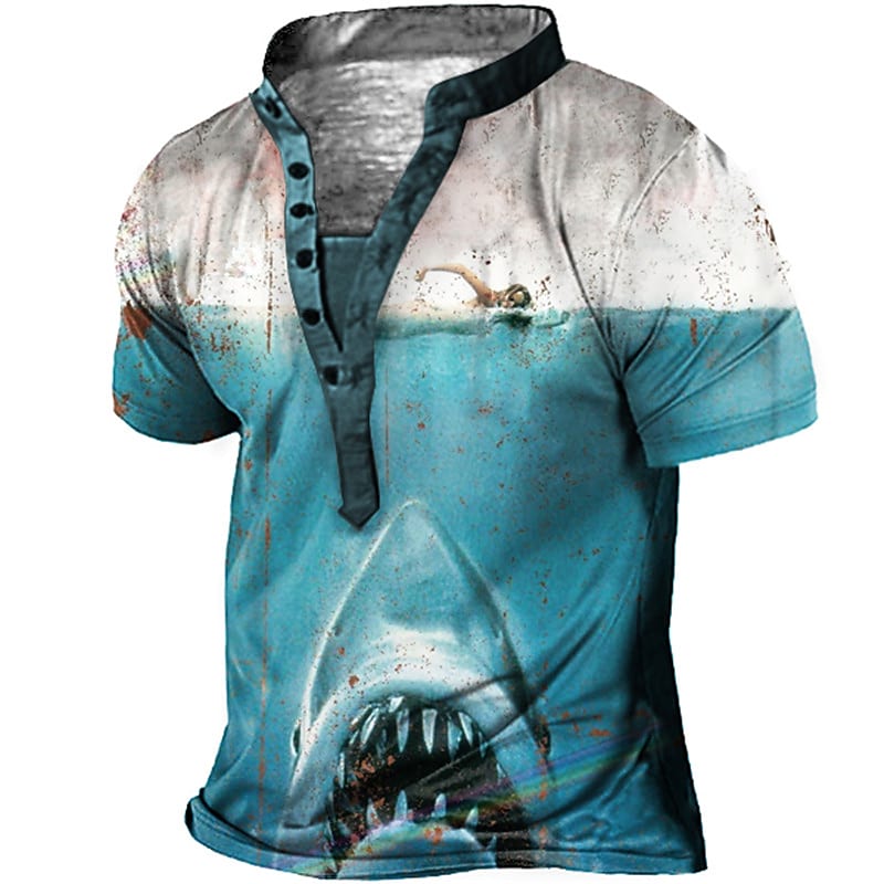 Men's Henley Shirt Tee T shirt Tee 3D Print Graphic Patterned Shark Plus Size Stand Collar Daily Sports Button-Down Print Short Sleeve Tops Designer Basic Casual Big and Tall Blue / Summer