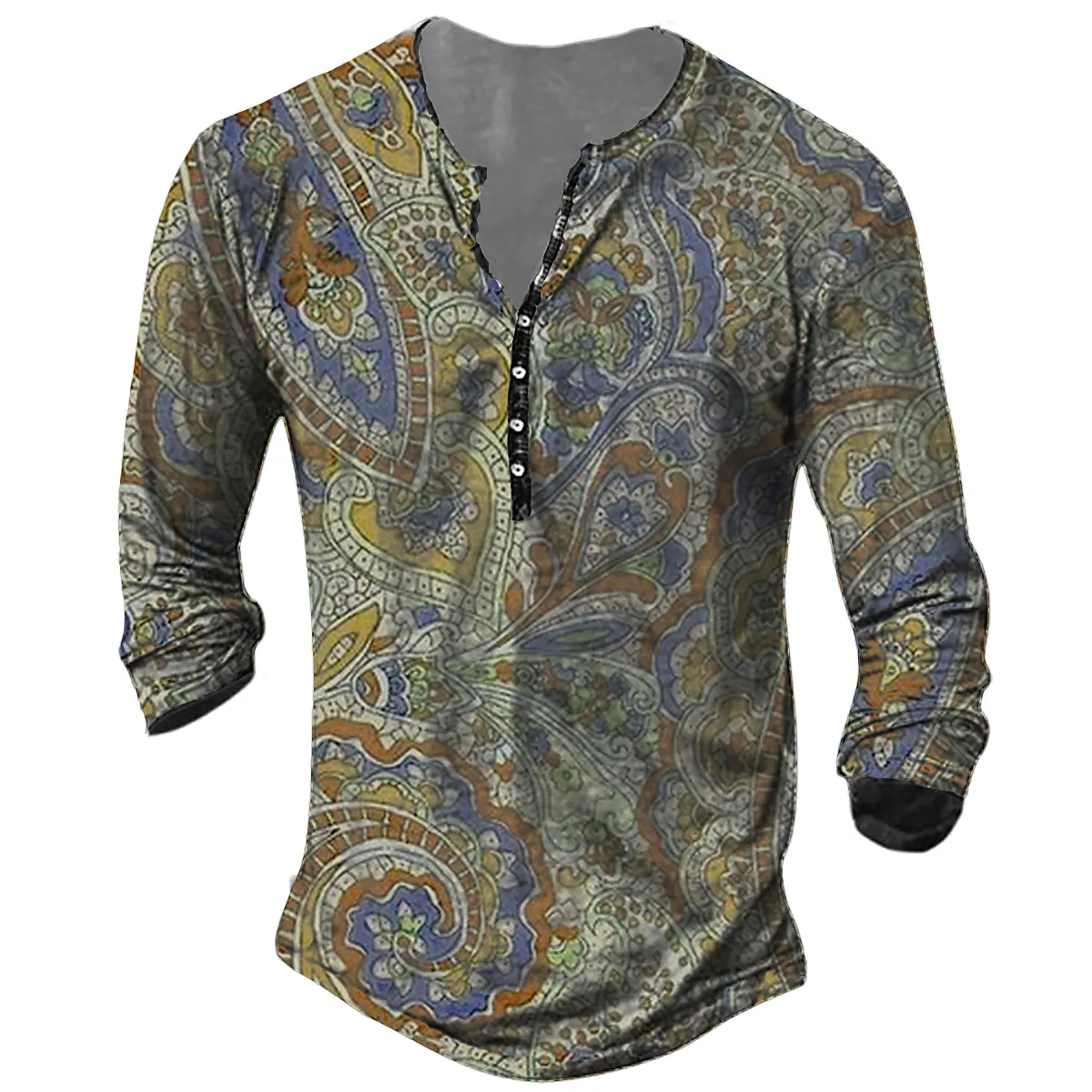 Men's T shirt Tee Henley Shirt Tee Graphic Tribal Henley Blue Yellow Red Long Sleeve 3D Print Plus Size Outdoor Daily Button-Down Print Tops Basic Designer Classic Comfortable / Sports