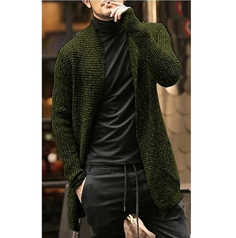 Men's long-sleeved mixed color knitted pocket cardigan trench coat sweater