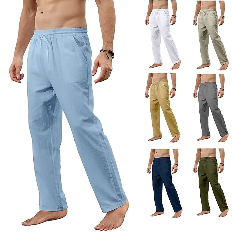 Men's Linen Pants Trousers Beach Pants Straight Pants Pocket Drawstring Solid Color Plain Breathable Soft Full Length Home Casual Linen Fashion Classic Loose Fit White Black Micro-elastic