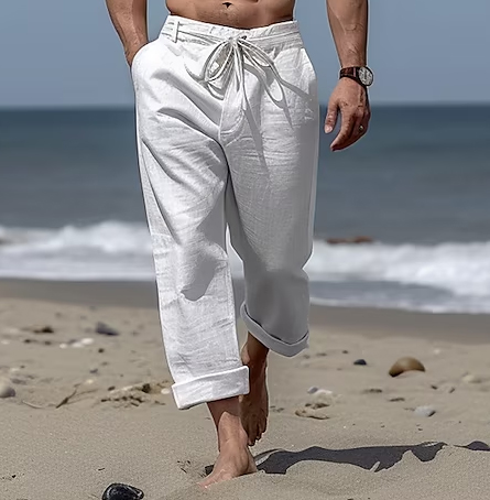 Men's Linen Pants Trousers Summer Pants Beach Pants Front Pocket Straight Leg Plain Comfort Breathable Casual Daily Holiday Linen / Cotton Blend Fashion Basic Black White