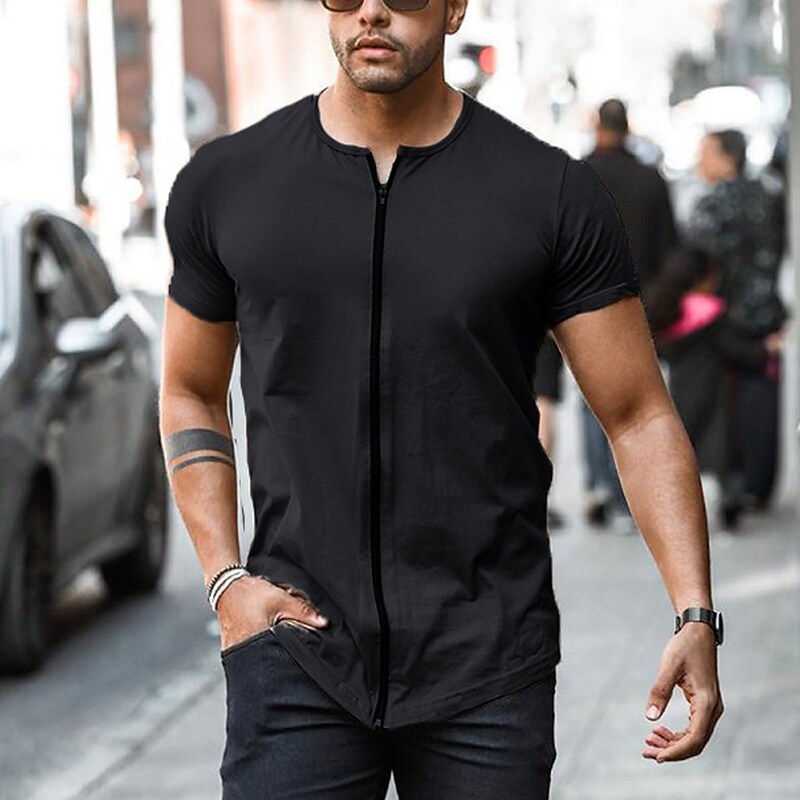 Men's T shirt Tee Solid Color Crew Neck Casual Holiday Tops Cool Muscle Black Khaki Light gray