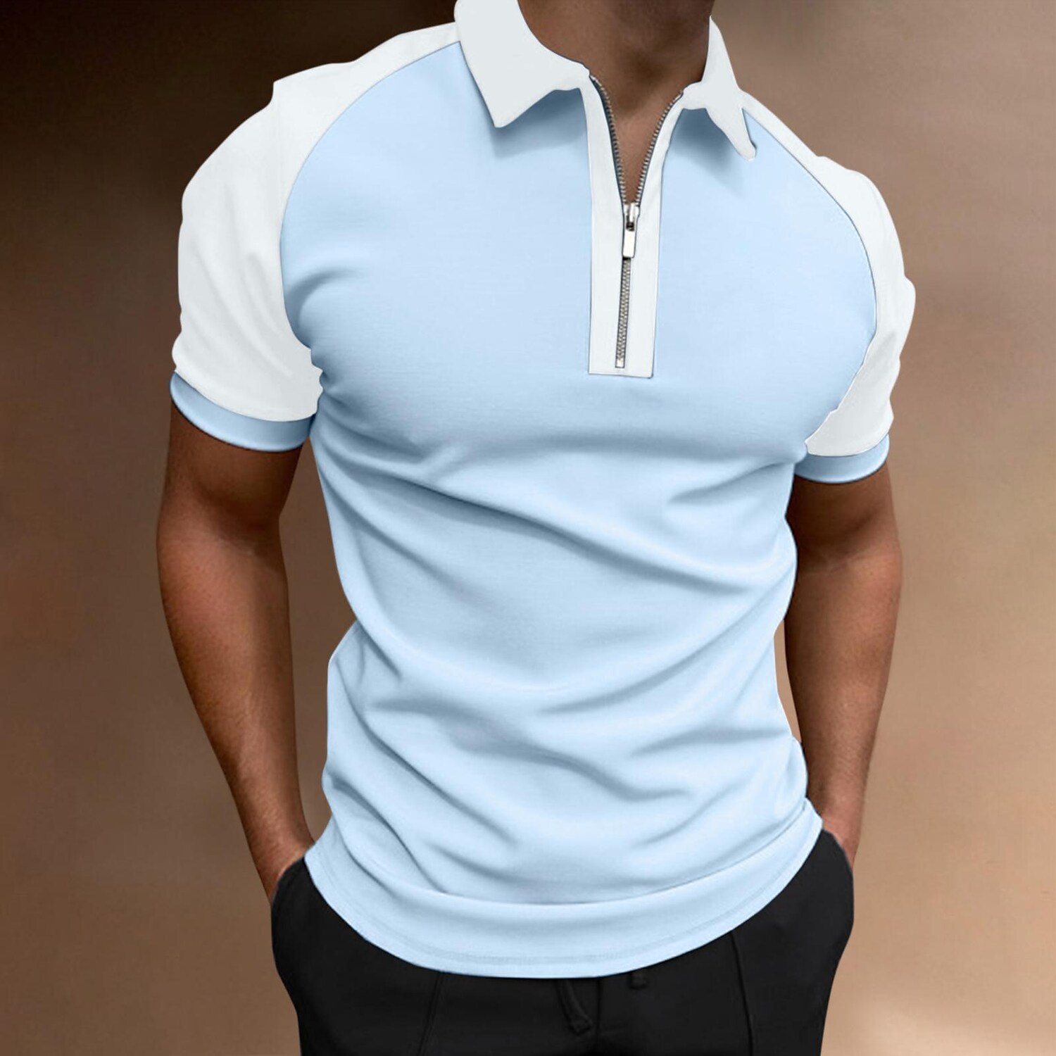 cross-border european and american spring and summer amazon color matching new polo shirt zipper men's raglan sleeve t-shirt top