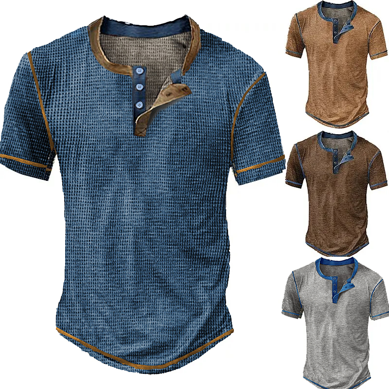 Men's Waffle Henley Shirt Tee Plaid Checkered Henley Clothing Apparel