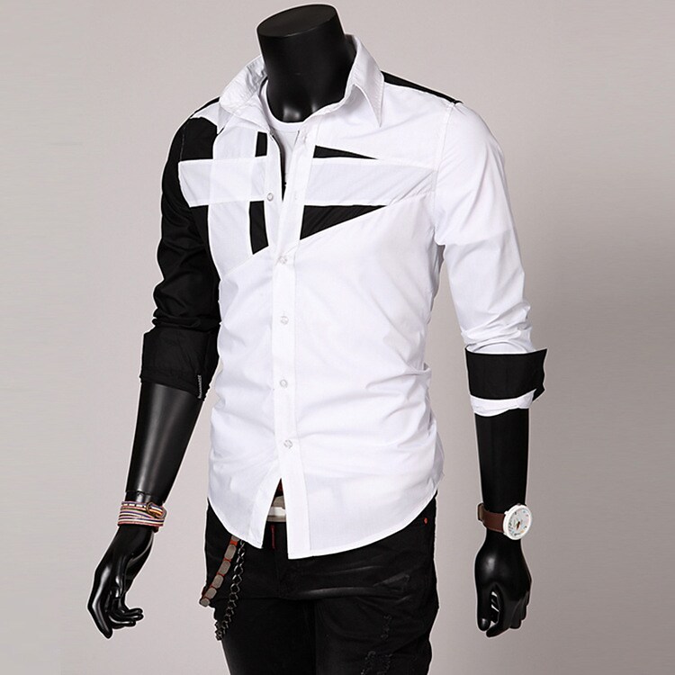 Men's shirt color block patchwork long sleeves