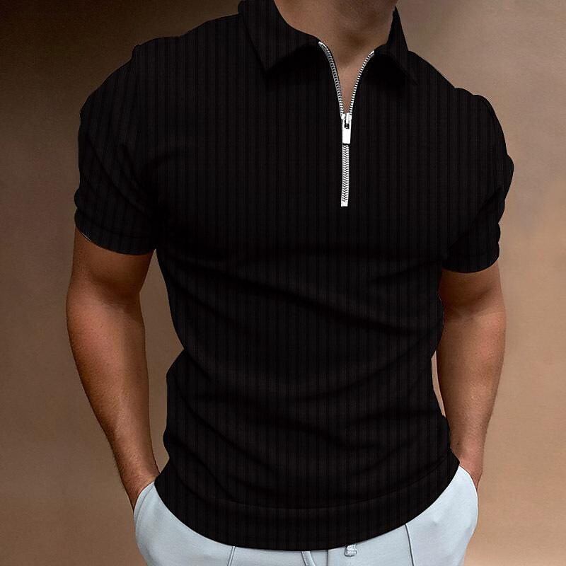 2022 spring/summer men's t-shirt striped zipper short sleeve men's elastic polo shirt top solid color
