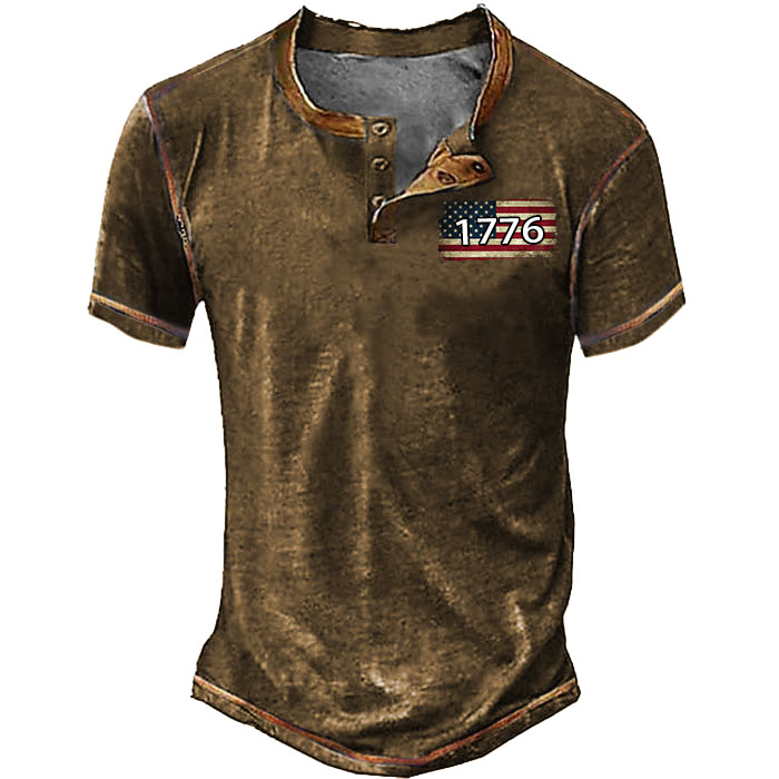 Men's Vintage 1776 American Flag Print Henley T-Shirt