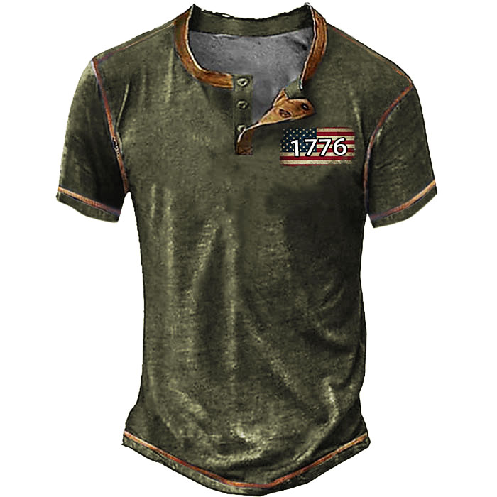 Men's Vintage 1776 American Flag Print Henley T-Shirt