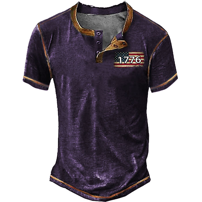 Men's Vintage 1776 American Flag Print Henley T-Shirt