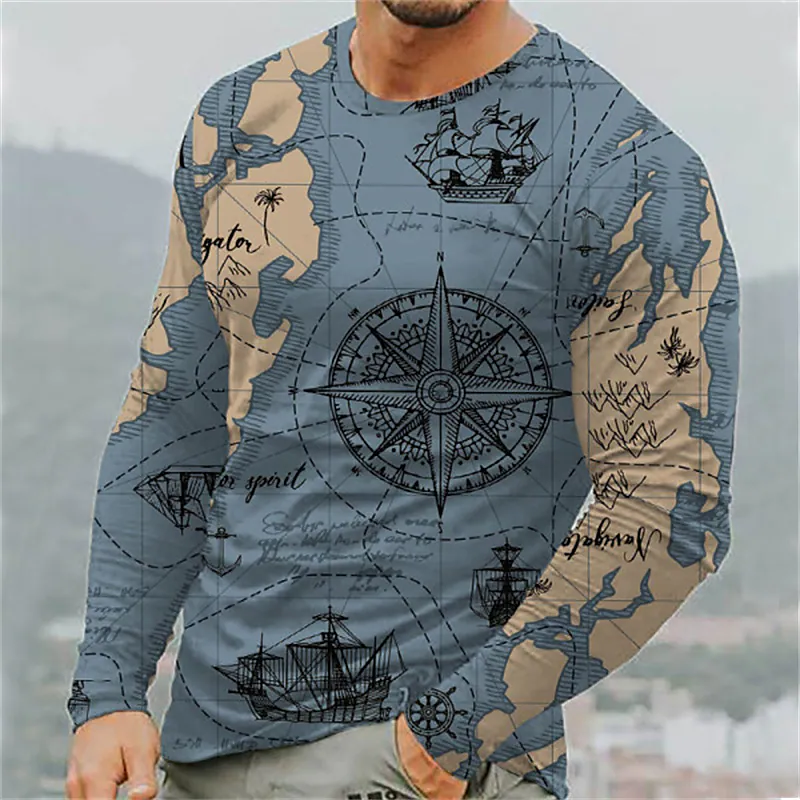 Men's Unisex T shirt Tee 3D Print Map Graphic Prints Crew Neck Daily Holiday Print Long Sleeve Tops Designer Casual Big and Tall Green Blue Purple