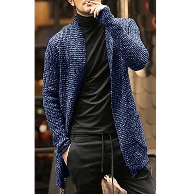 Men's long-sleeved mixed color knitted pocket cardigan trench coat sweater
